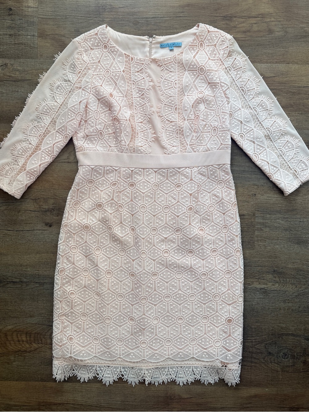 ANTONIO MELANI Blush Pink Lace Sheath Dress with Three-Quarter Sleeves